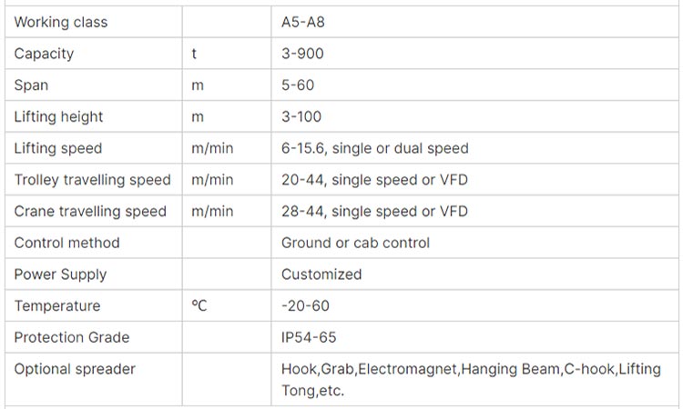 technical data of gantry crane with electric hoist